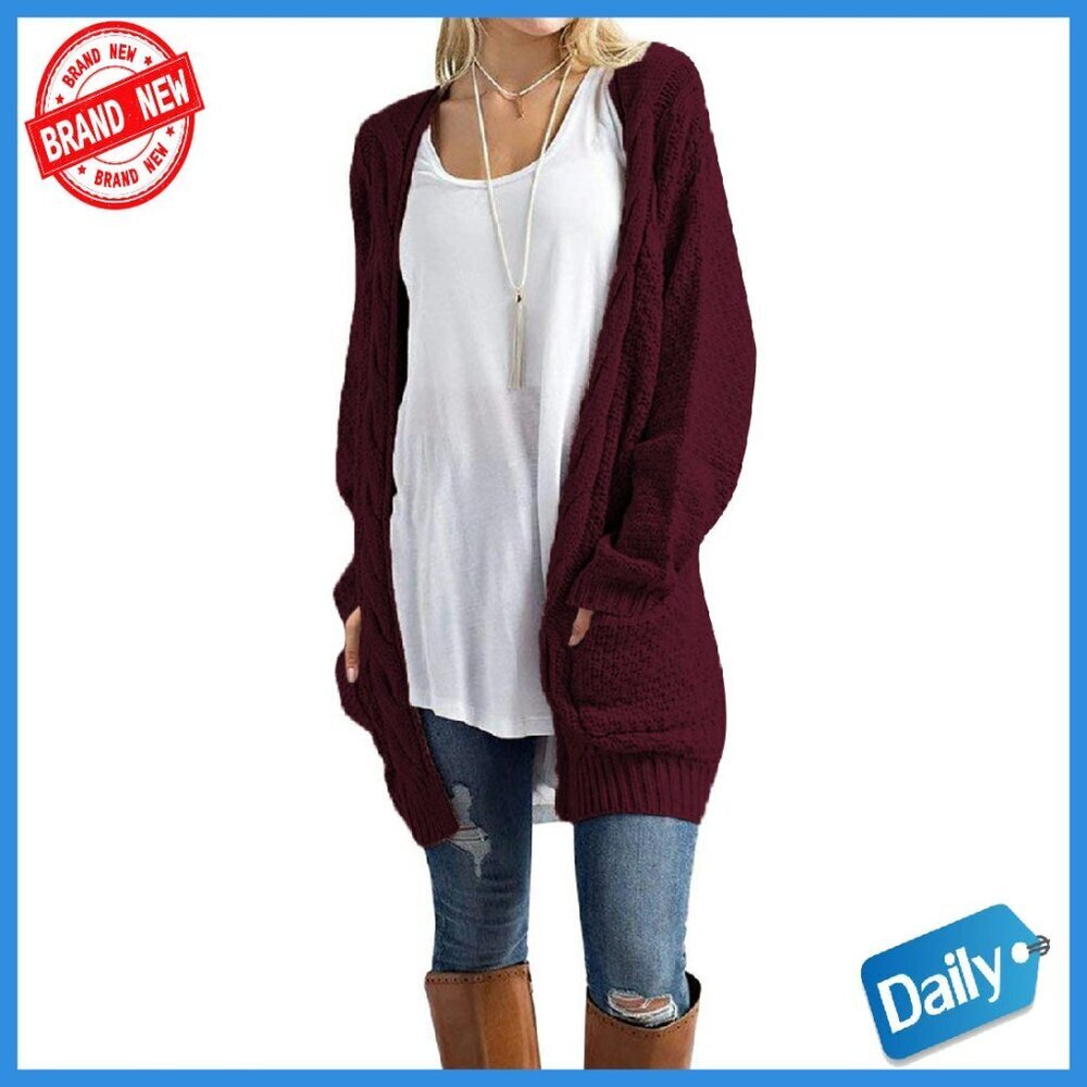 Open Front Long Sleeve Chunky Knit Cardigan Sweater with Pockets